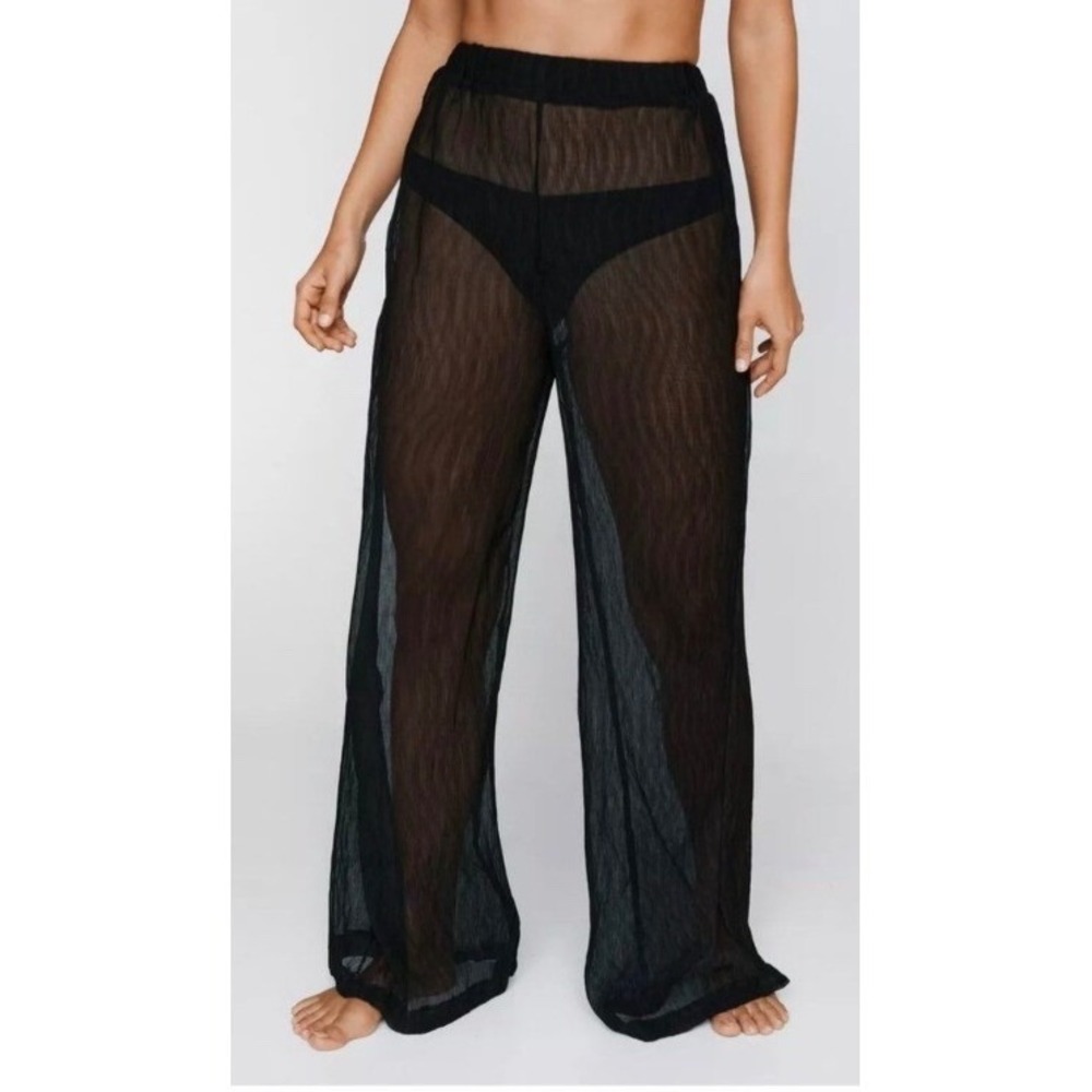 Nasty Gal Plisse Wide Leg Beach Pants Women's 14 Black Resortwear Flowy Beach